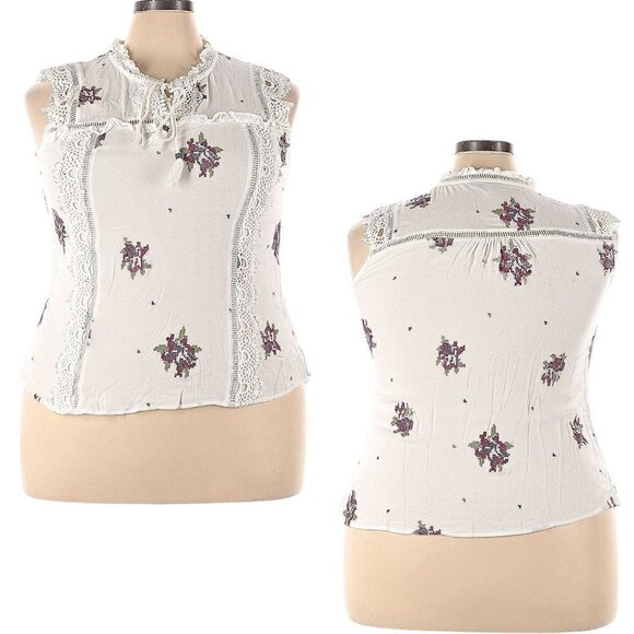 Pale Sky Tops - PALE SKY Boho Cross-Stitched White Embroidered Sleeveless Hi-Low Blouse size XXL
